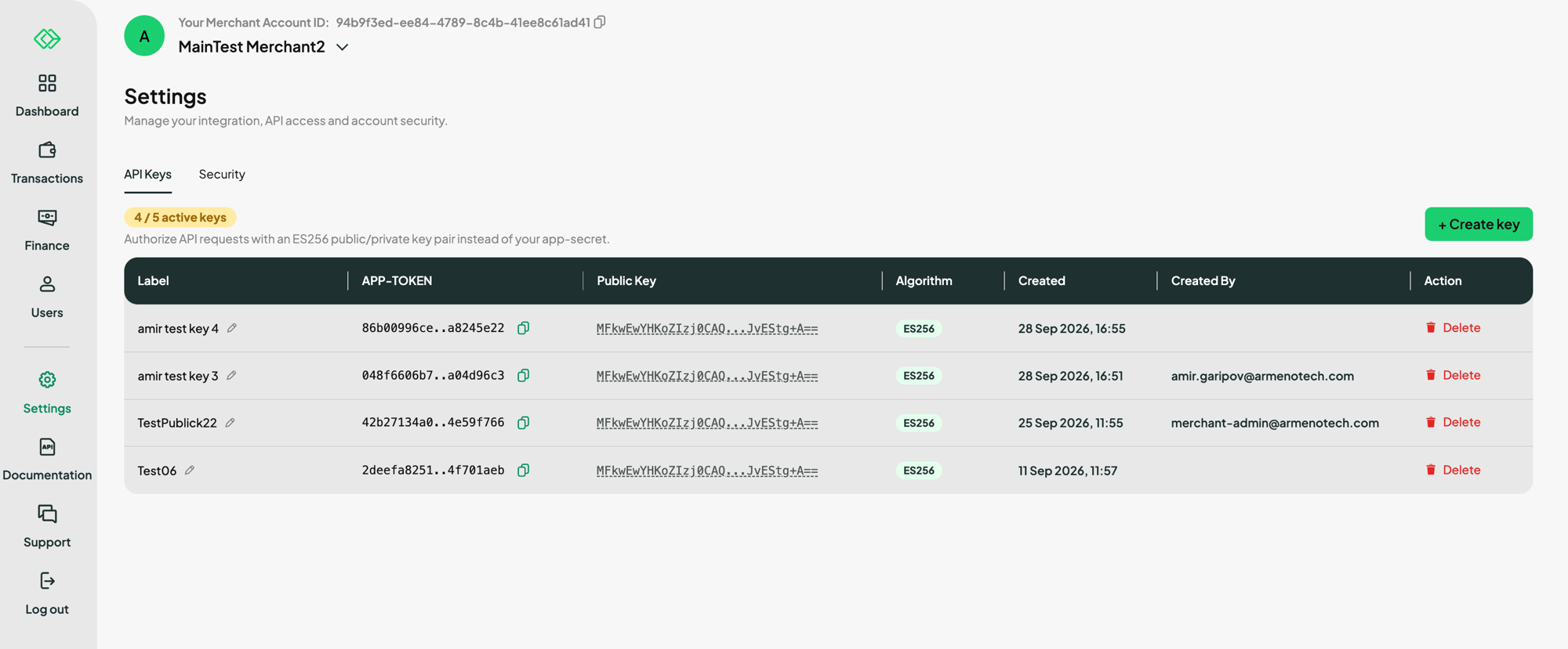 API Keys list showing the newly added key with its APP-TOKEN