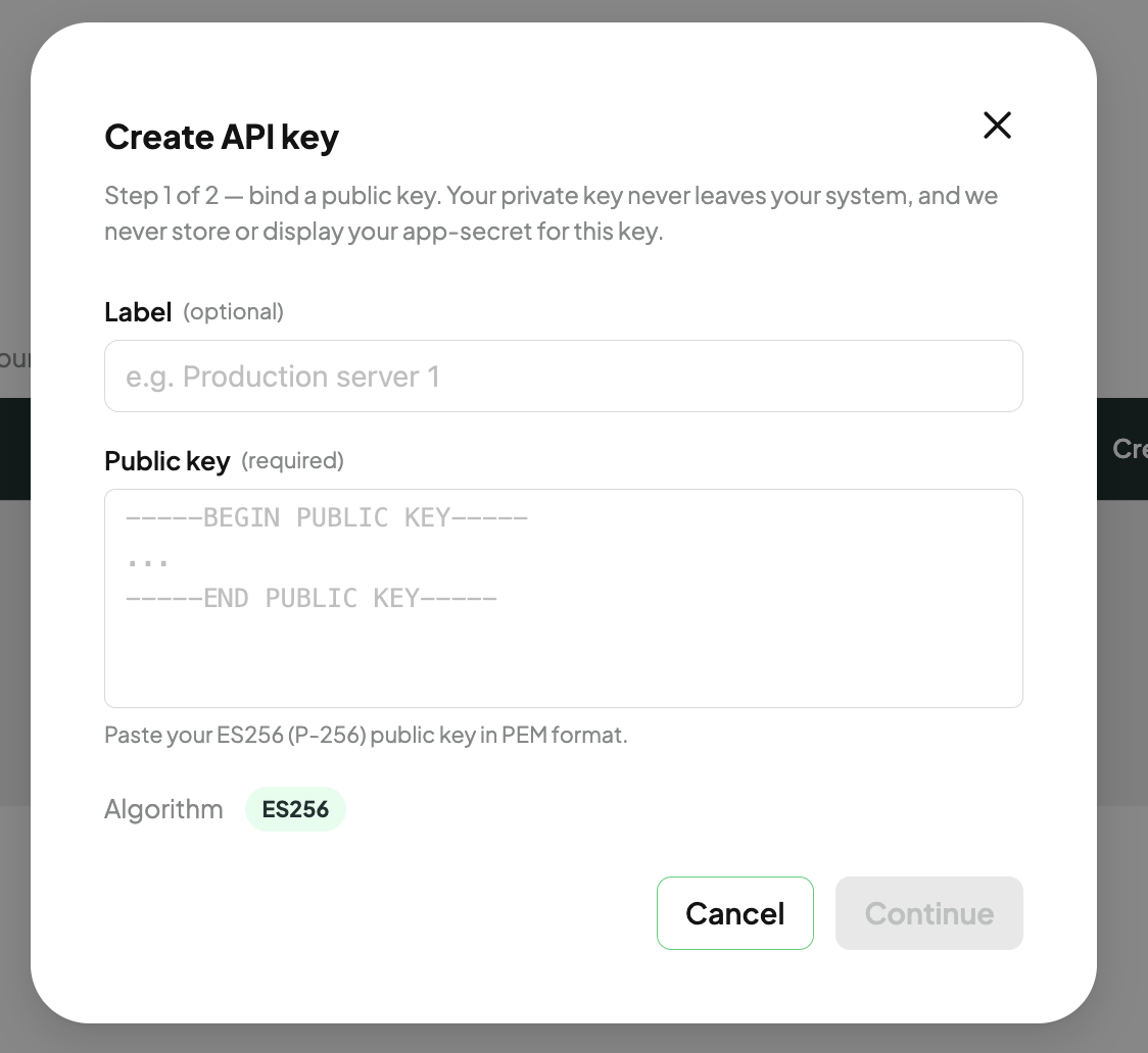 Create API key dialog with Label and Public key fields