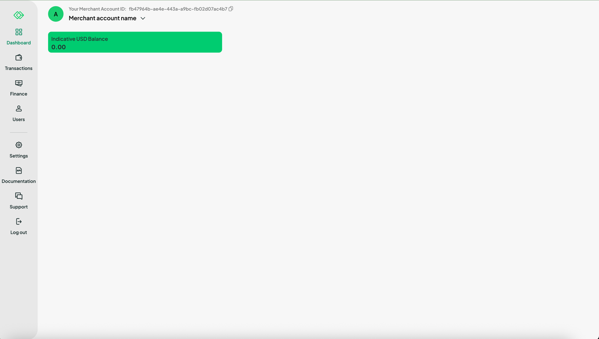 Merchant Portal dashboard with the Settings item in the left navigation