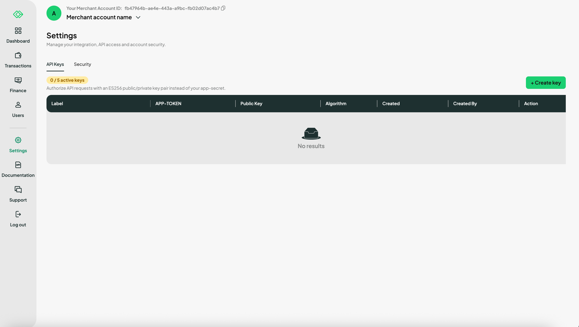 Settings → API Keys tab, empty state, with the Create key button